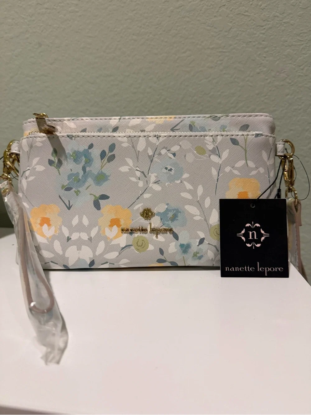 Nanette Lepore Floral Wristlet Clutch in Light Gray with Yellow & Blue Blooms